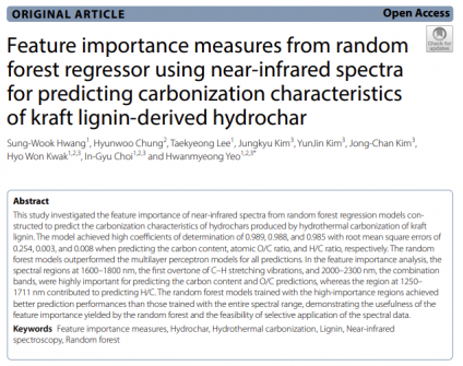 Feature importance measures from random forest regressor using near-infrared spectra for predicting carbonization characteristics of kraft lignin-derived hydrochar