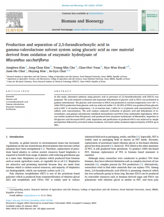 Production and separation of 2,5-furandicarboxylic acid in gamma-valerolactone solvent system using glucaric acid as raw material derived from oxidation of enzymatic hydrolysate of Miscanthus sacchariflorus